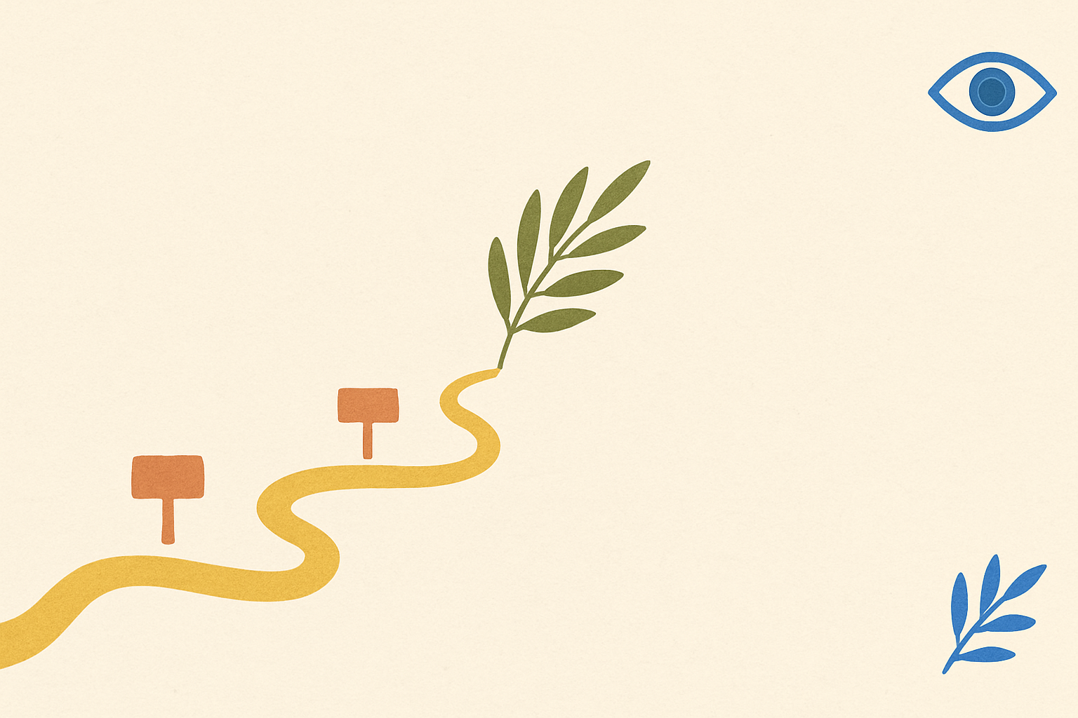 Illustrated banner: an open notebook with the Greek alphabet, a coffee cup, and a small olive branch on a warm cream background