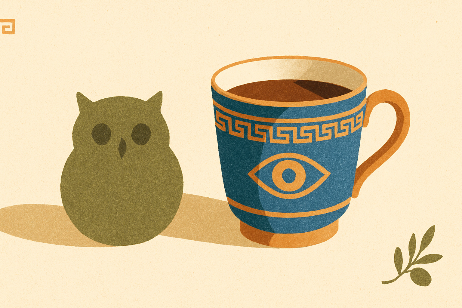 Illustrated banner: a smartphone with an owl mascot next to a coffee cup and a small stack of flashcards on a warm cream background
