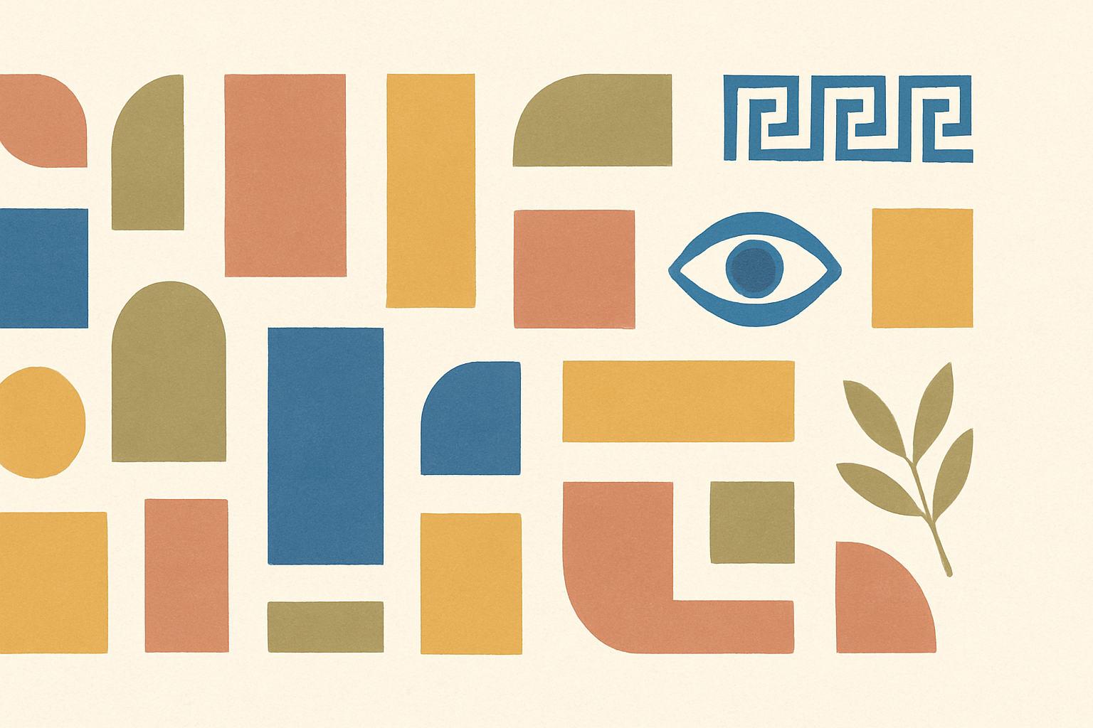 Illustrated banner: three descriptive tags in warm ochre labelled 'big', 'small', 'good' in Greek script on a cream background