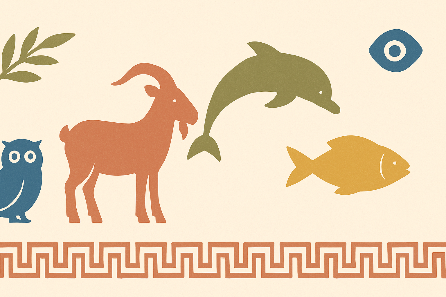 Illustrated banner: a Greek village scene with a cat on a wall, a donkey by an olive tree, and a dolphin in the bay