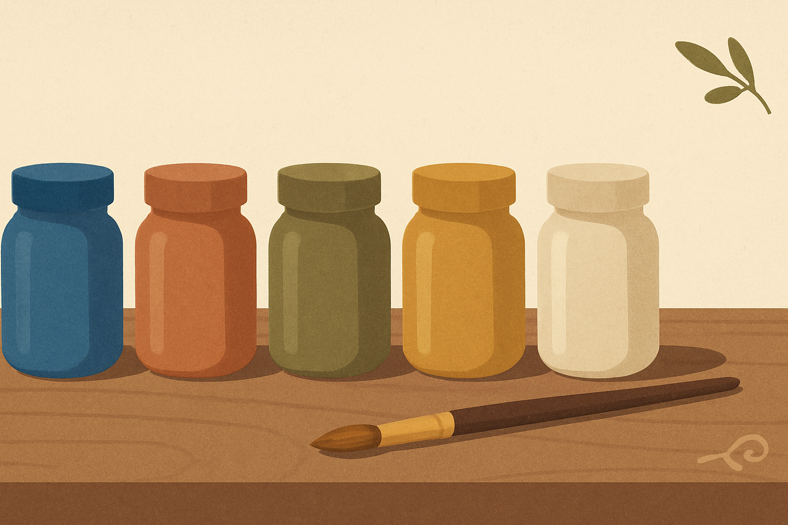 Illustrated banner: a Greek painter's palette with primary colours labelled in Greek, an olive branch and blue Aegean water in the background