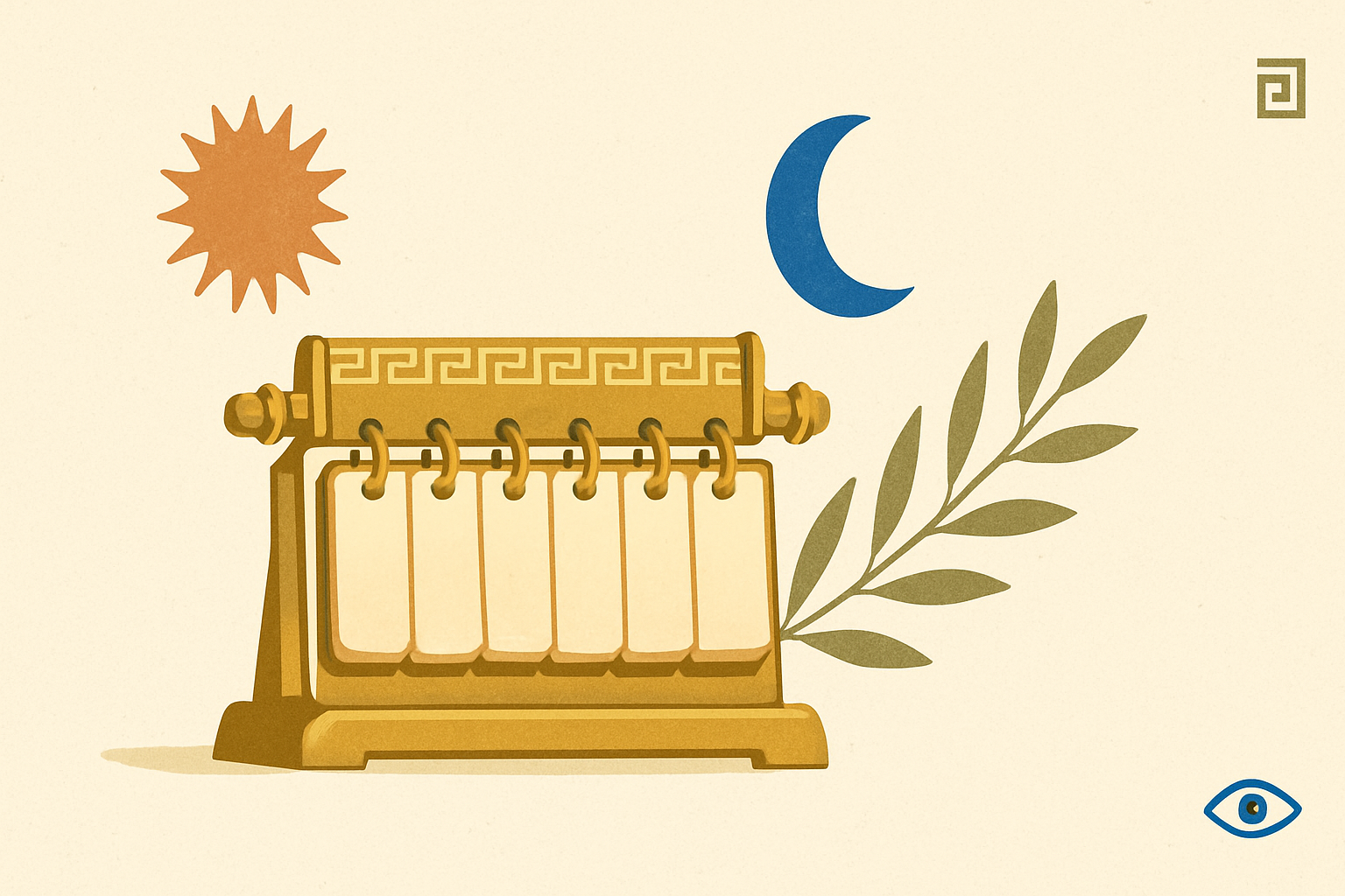 Illustrated banner: a Greek weekly calendar page with Δευτέρα to Κυριακή written in warm ink, a small olive branch in the corner