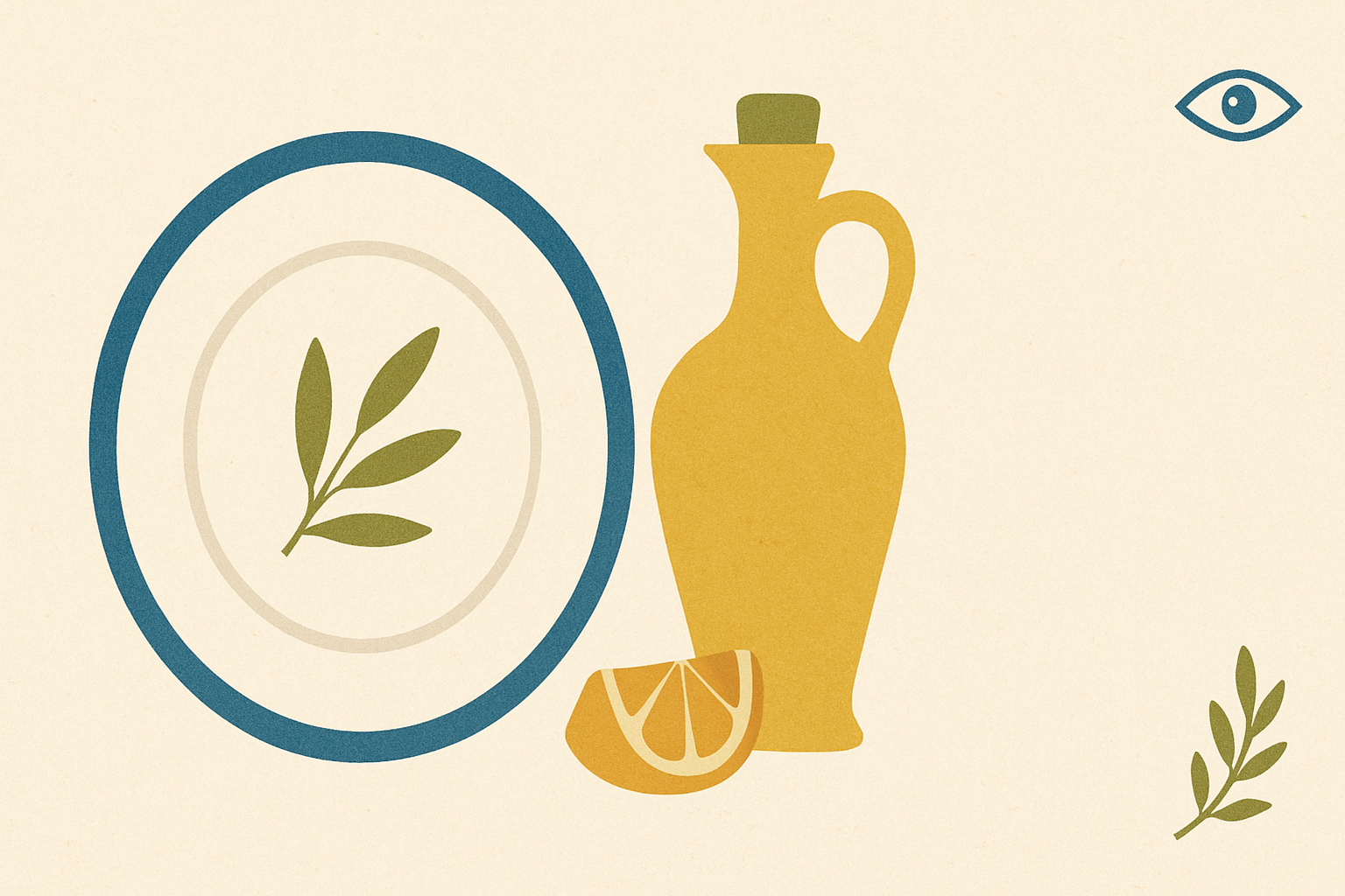 Illustrated banner: an open taverna menu with a Greek salad, a plate of meze, and a carafe of wine on a warm cream background