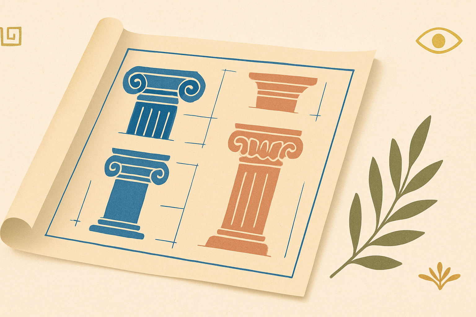 Illustrated banner: a leather notebook with hand-drawn Greek grammar tables and a small olive sprig on a cream background