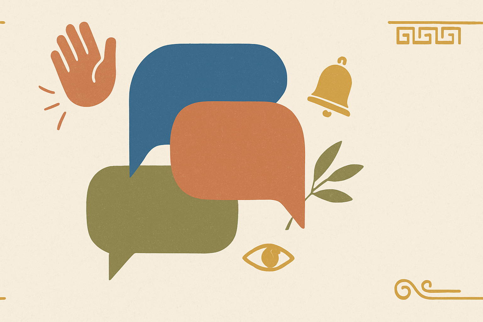 Illustrated banner: a Greek cafe scene with two friends waving hello, coffee cups and a warm sunset in the background