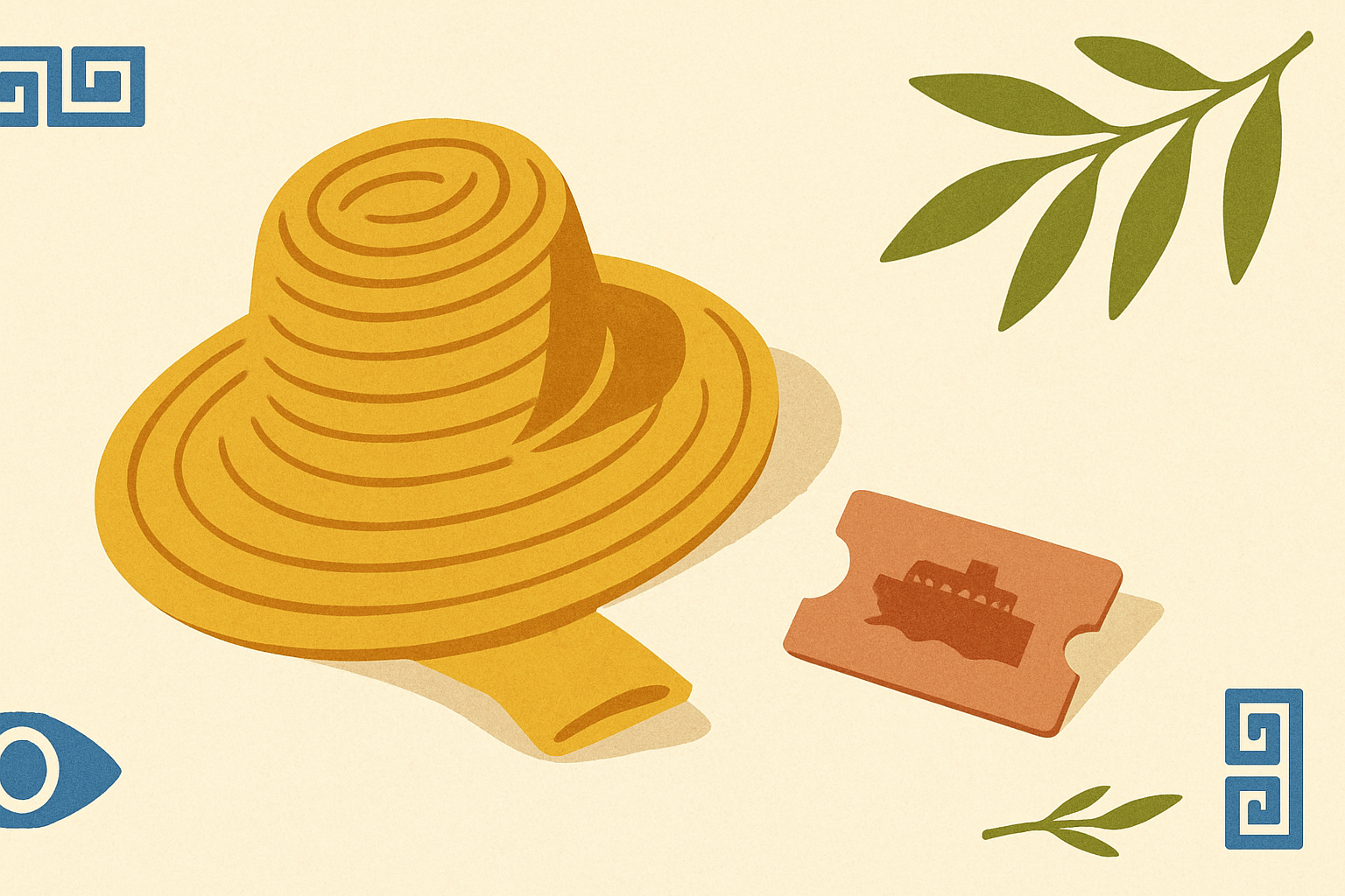 Illustrated banner: a Greek ferry, a beach umbrella, and a taverna table with a passport and a bottle of water on a cream background