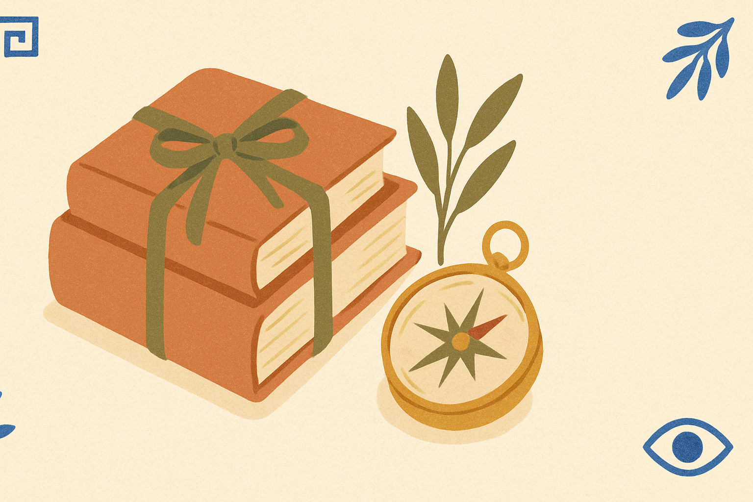Illustrated banner: a small stack of leather books tied with olive-green ribbon on a cream table, a brass compass and an olive branch beside them