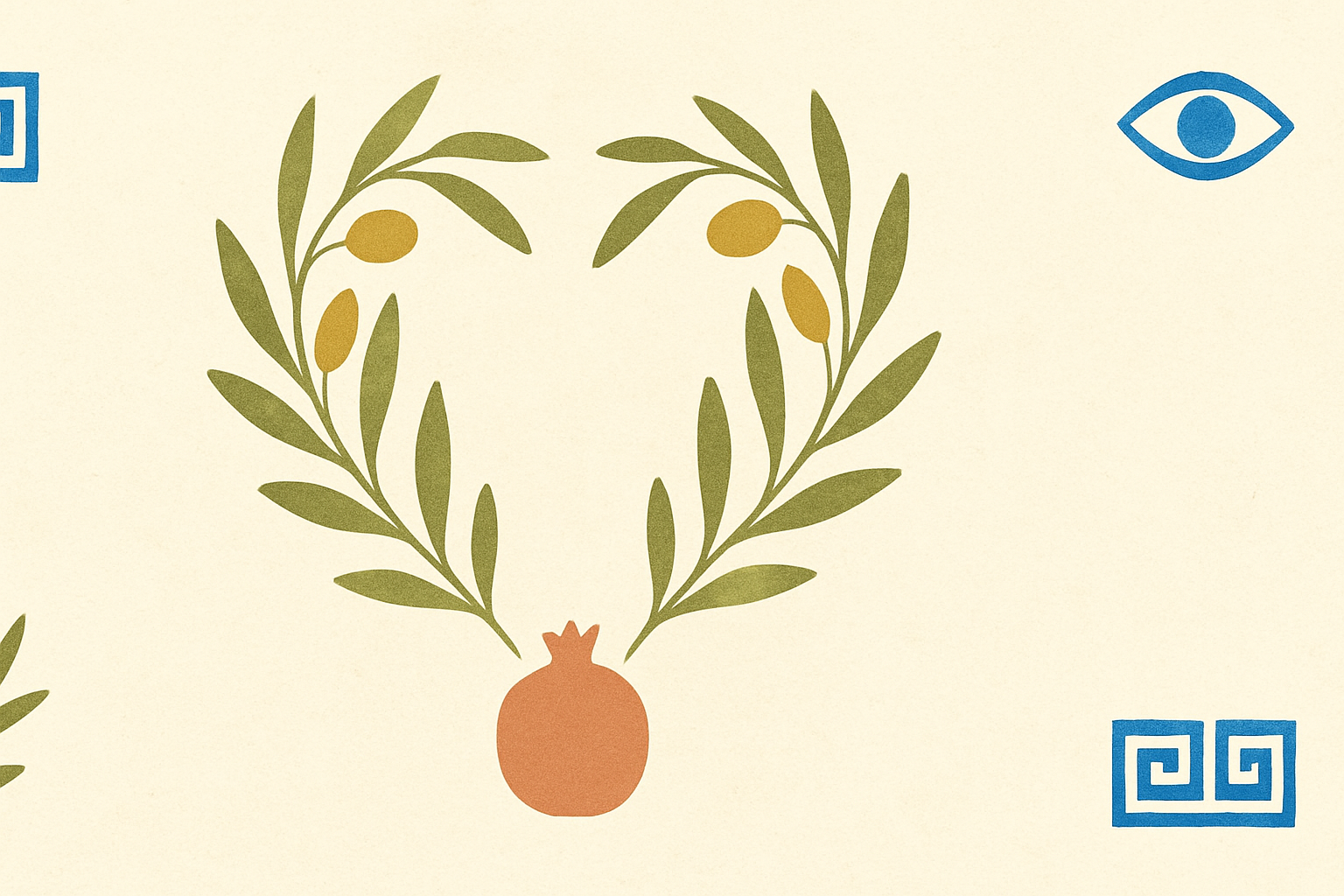 Illustrated banner: two coffee cups touching, a small heart between them, and an olive branch curl on a warm cream background