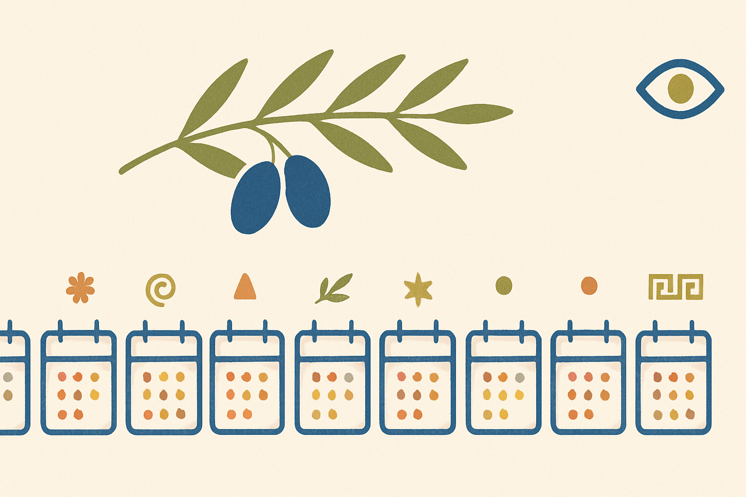 Illustrated banner: a tear-off calendar page with a Greek month name and an olive branch curling around the corner on a cream background