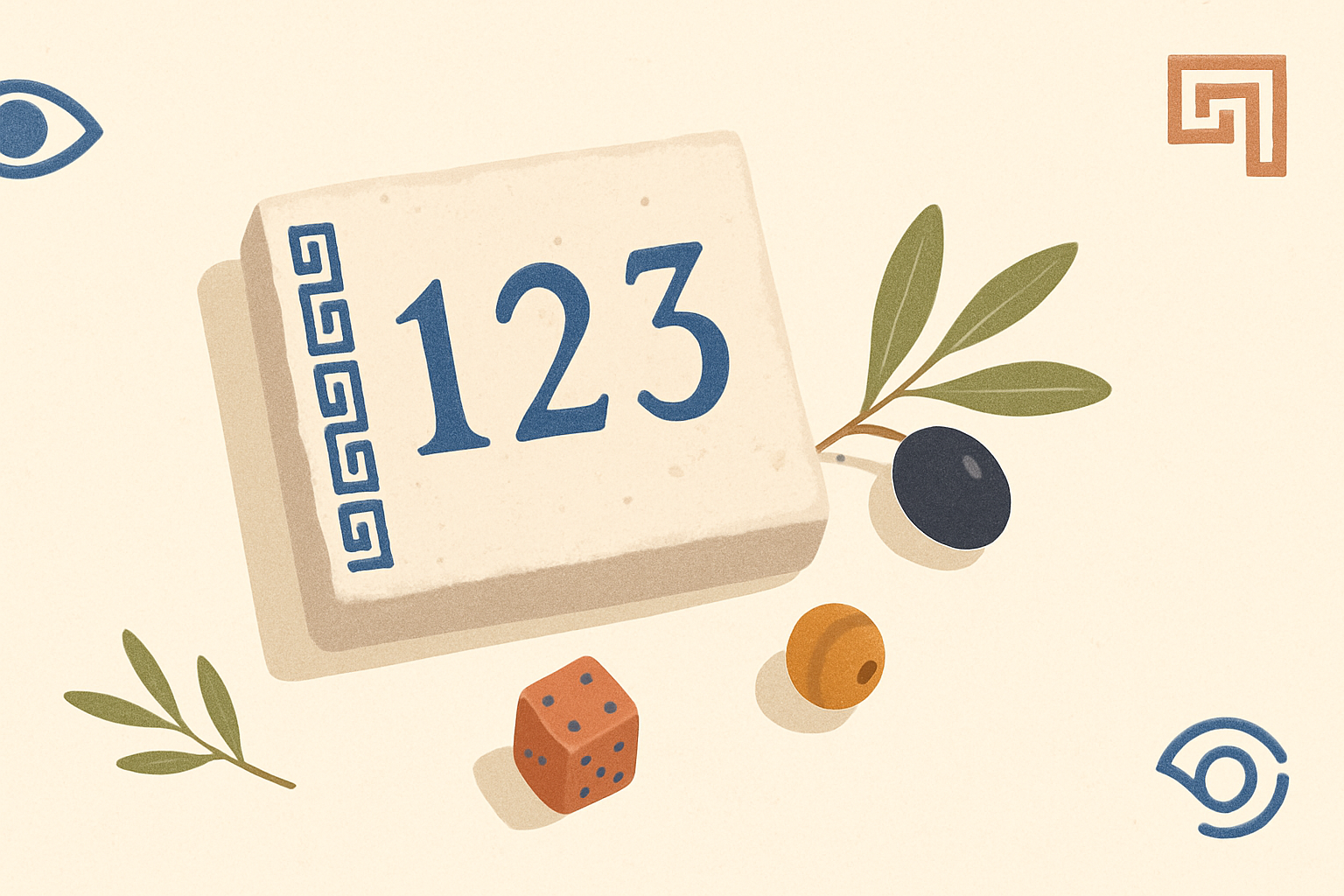 Illustrated banner: a marble tile with Greek numerals surrounded by dice and an olive branch on a cream background