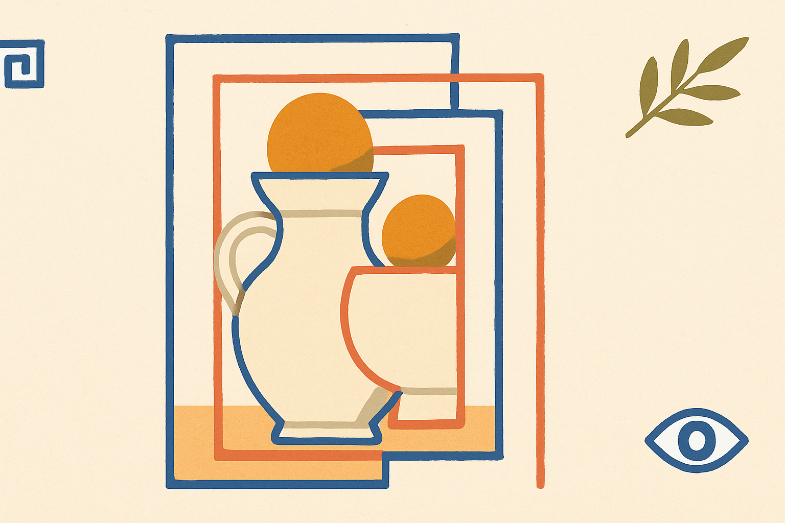 Illustrated banner: small arrows in warm ochre pointing 'to', 'from', and 'with' between two Greek shapes on a cream background