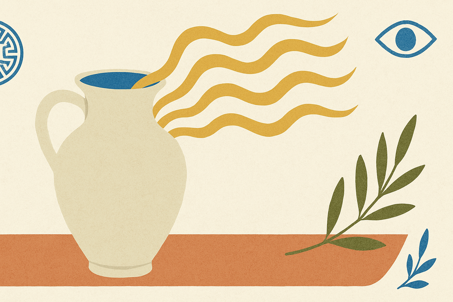 Illustrated banner: a cup of Greek coffee beside a hand-lettered vowel chart on a cream background