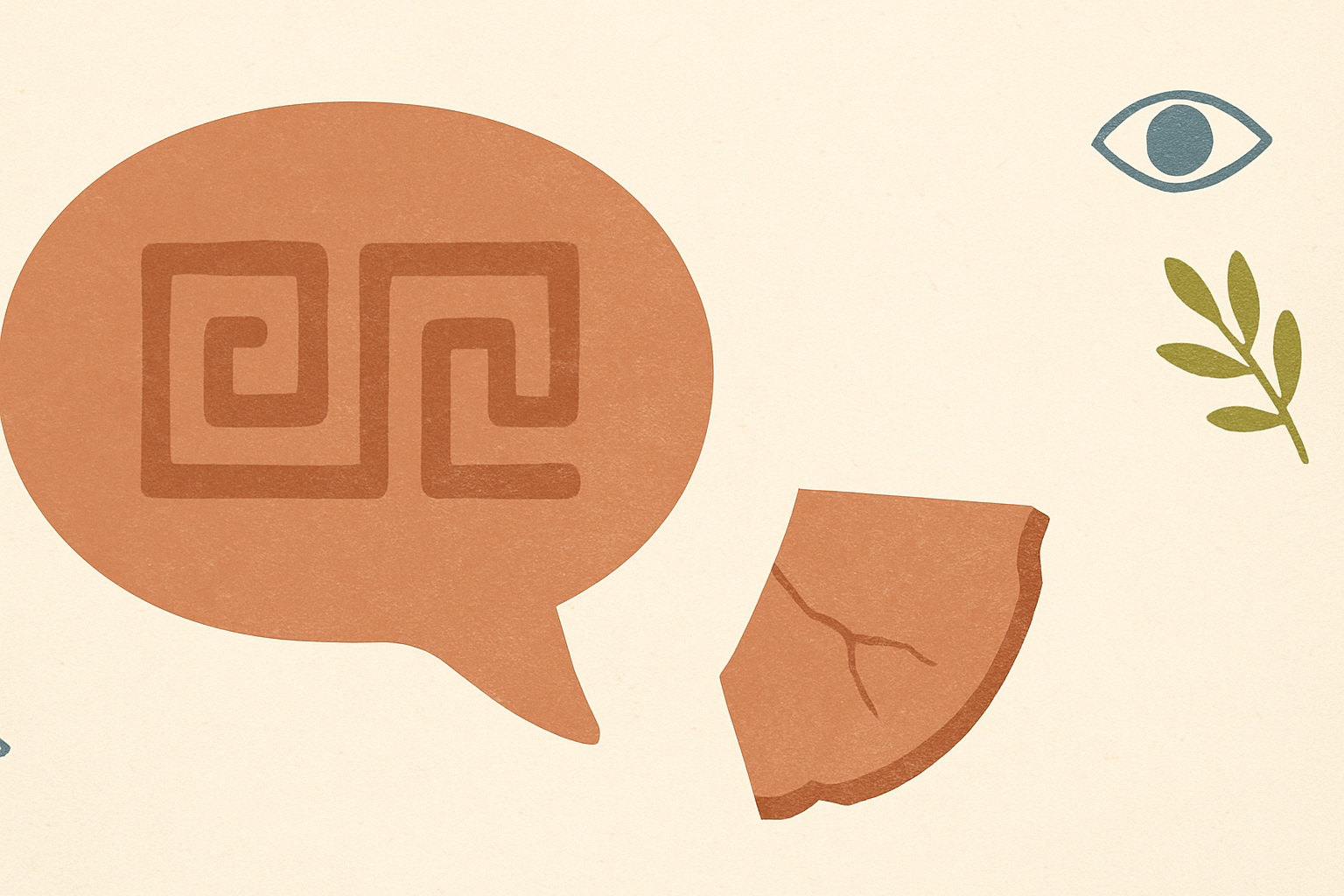 Illustrated banner: a Greek coffee cup with steam curling into cartoon speech bubbles on a cream background