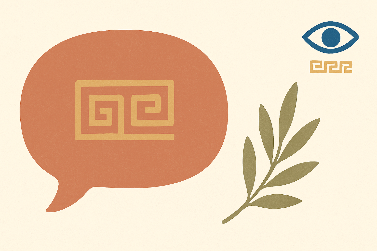 Illustrated banner: two speech bubbles overlapping in warm ochre and teal, with a coffee cup and worry beads on a cream background