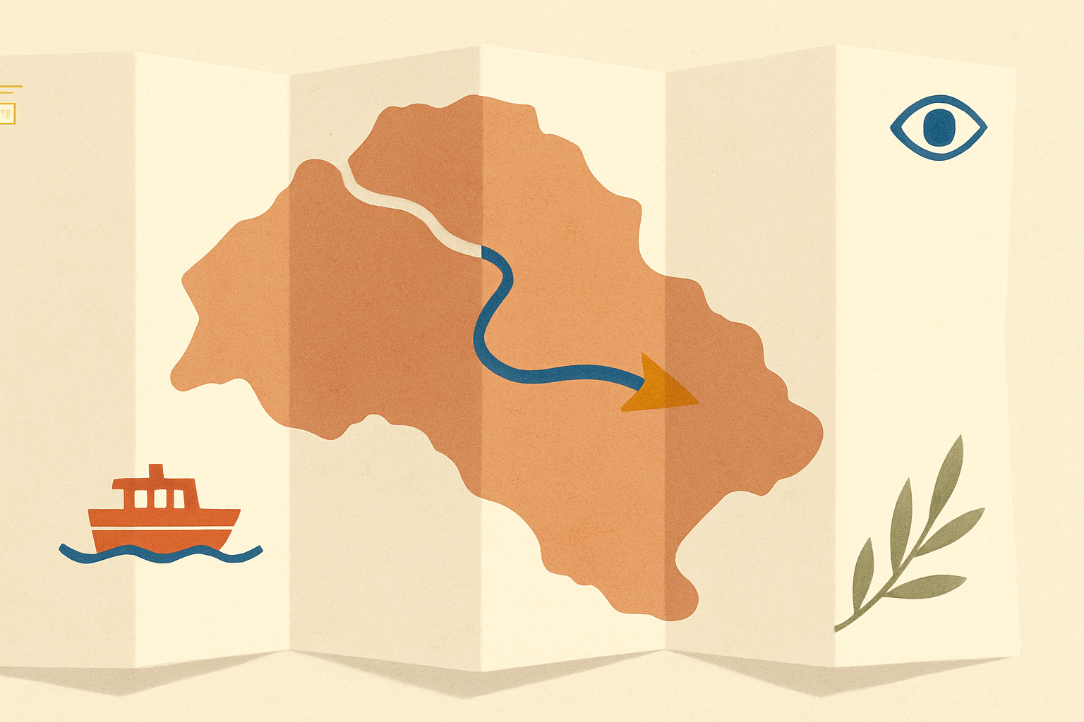 Illustrated banner: a bus, a ferry, and a small road sign with an arrow, over a warm cream background