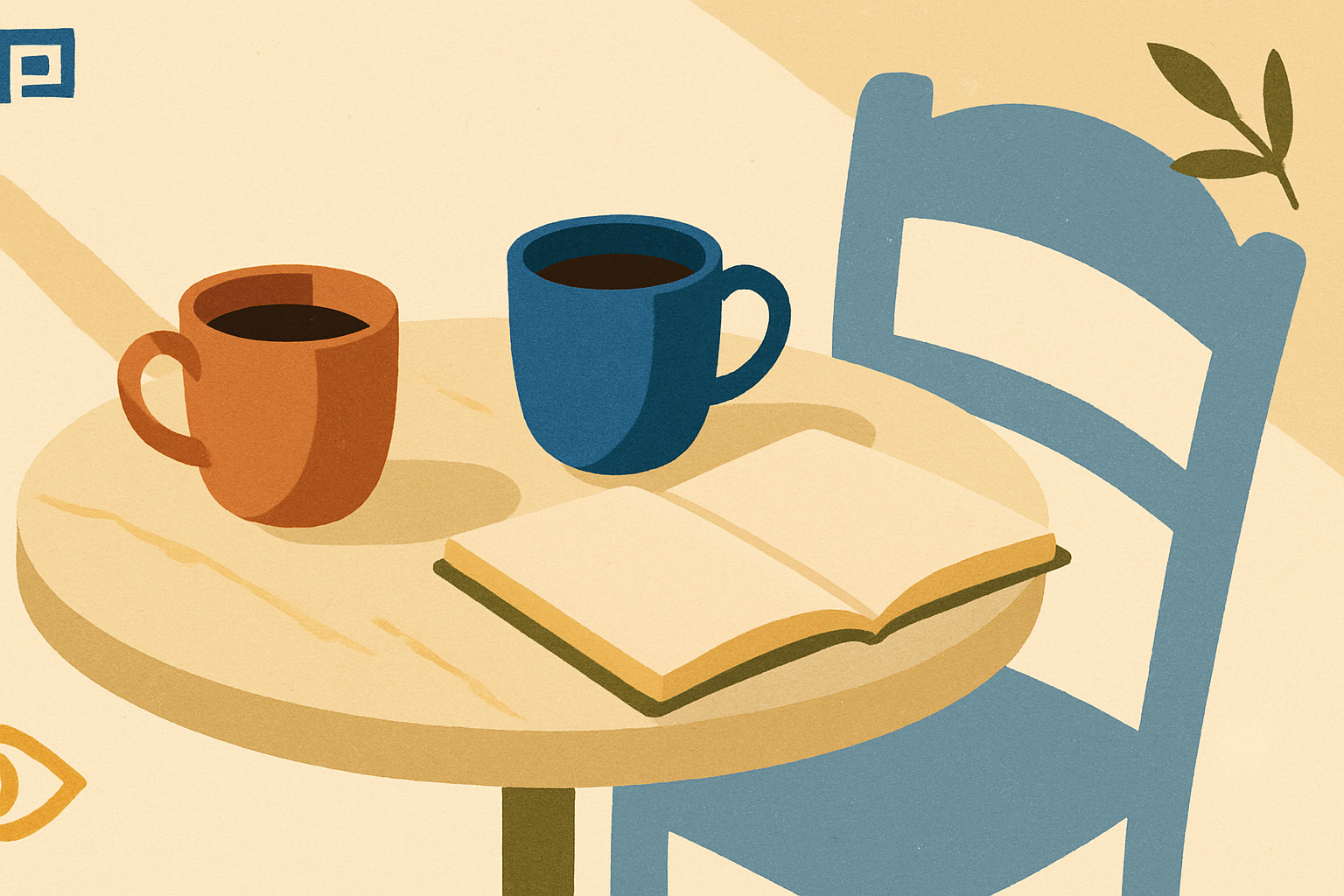 Illustrated banner: a laptop showing a video call with two coffee cups and a notebook, warm cream background