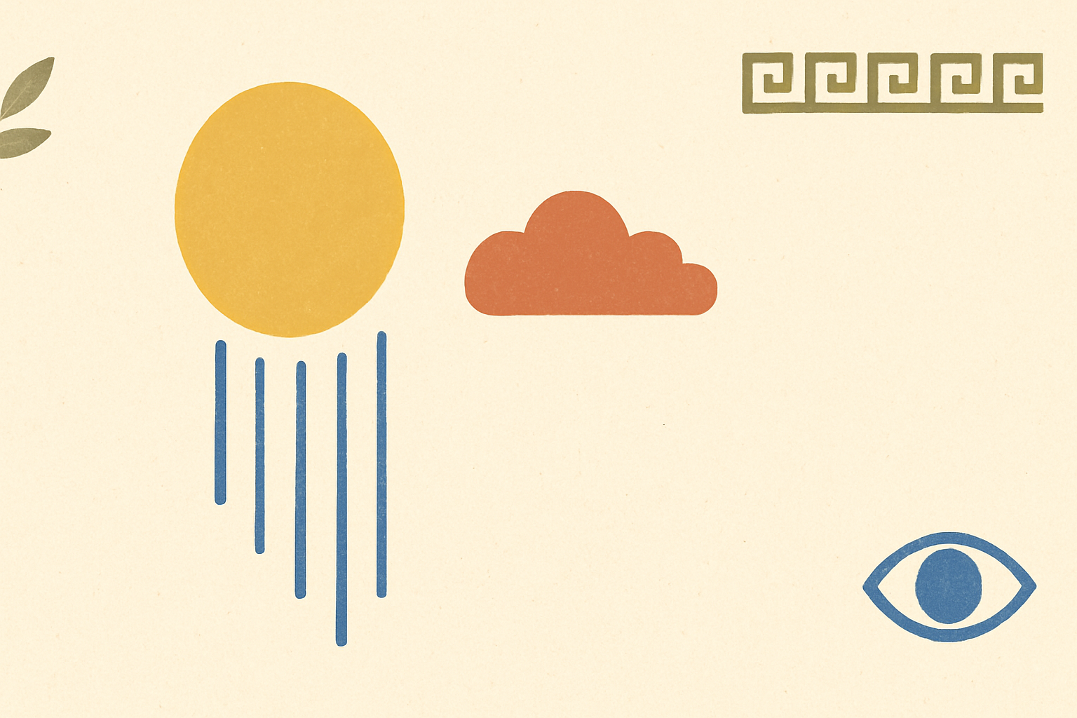 Illustrated banner: a sun, cloud, and rain drops over the Aegean sea with an olive tree bending in a breeze on a cream background