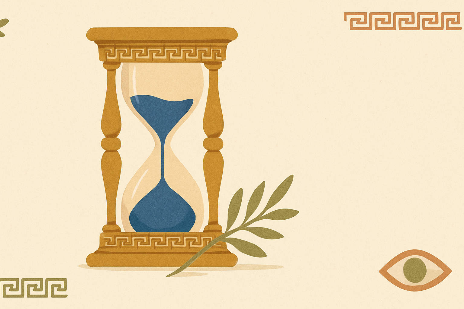 Illustrated banner: a leather journal with a brass compass and a small hourglass on a cream background