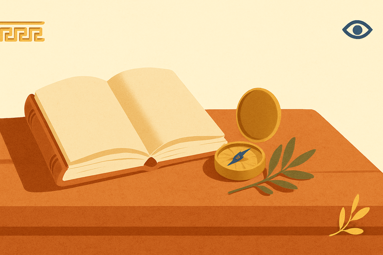 Illustrated banner: an open leather book with a brass compass and a sprig of olive leaves on a cream background