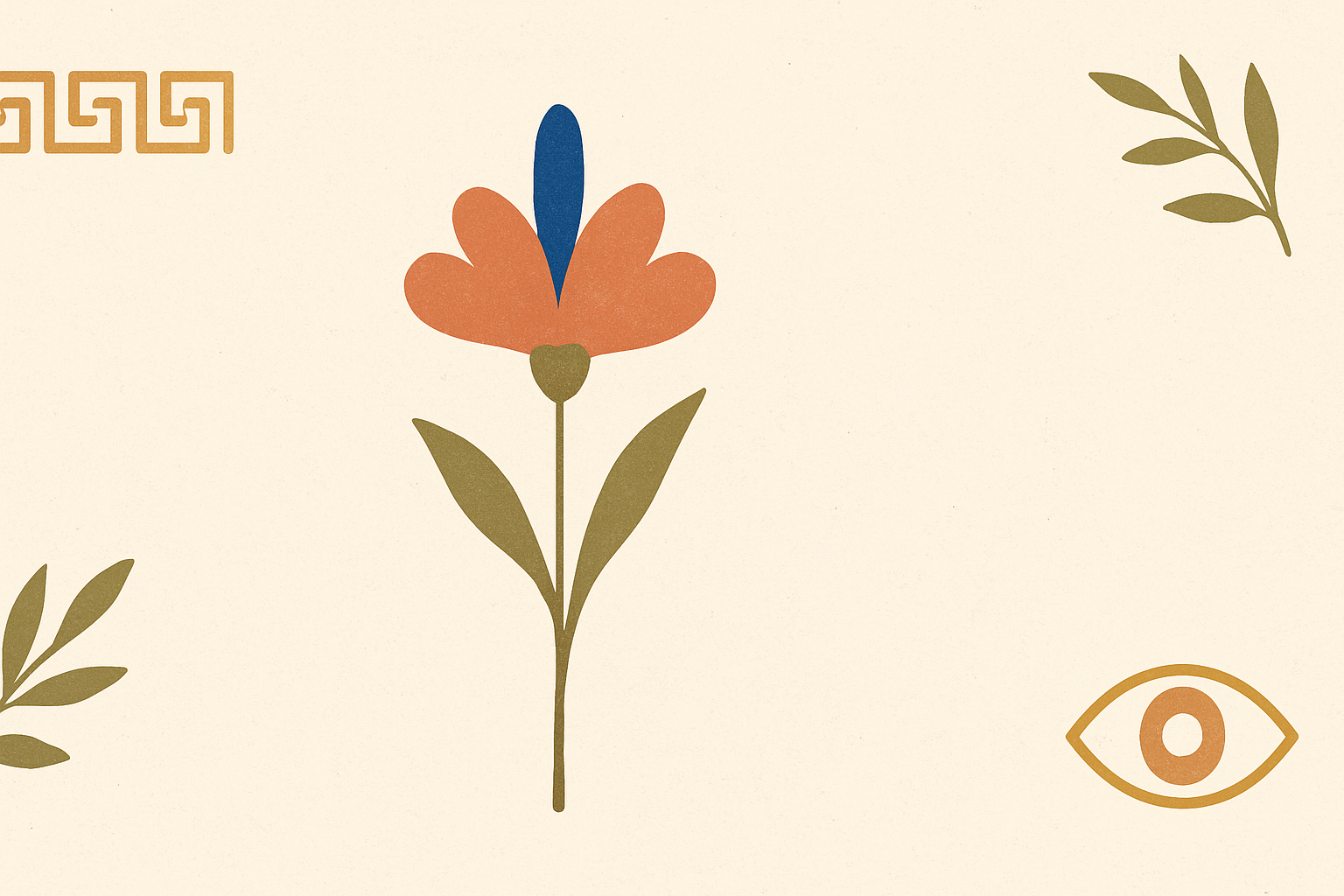 Illustrated banner: a small vase of anemones and a folded linen cloth with an olive sprig on a warm cream background