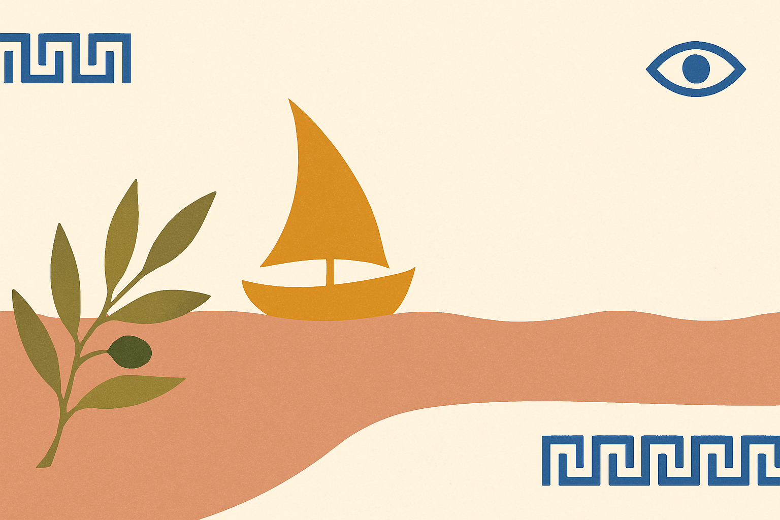 Illustrated banner: a small worry-bead komboloi and a folded paper boat with an olive sprig on a cream background