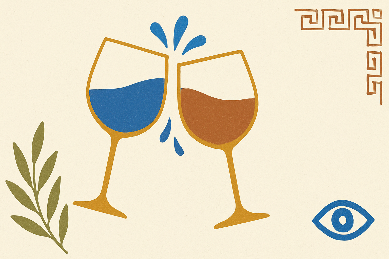 Illustrated banner: two small tumblers of ouzo clinking together with an olive sprig on a warm cream background