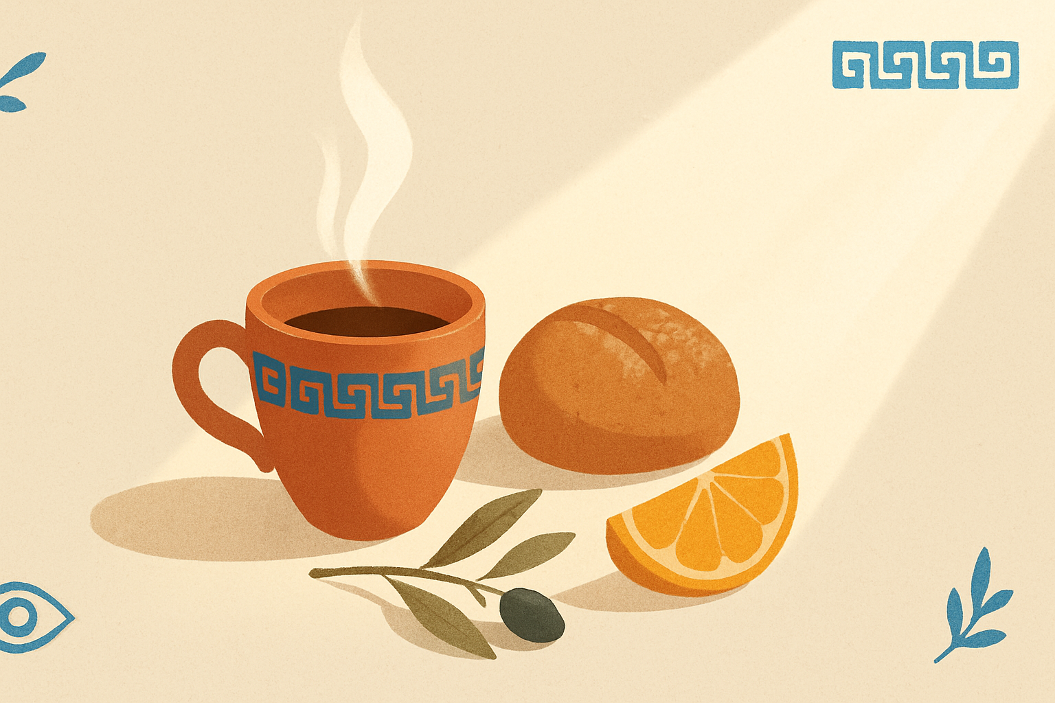 Illustrated banner: a small terracotta coffee cup with steam rising, an olive branch, and a soft rising sun on a cream background