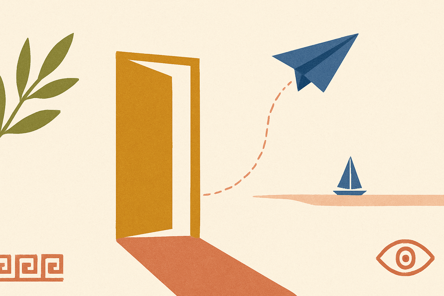 Illustrated banner: a folded paper boat and an olive sprig floating on a warm cream background