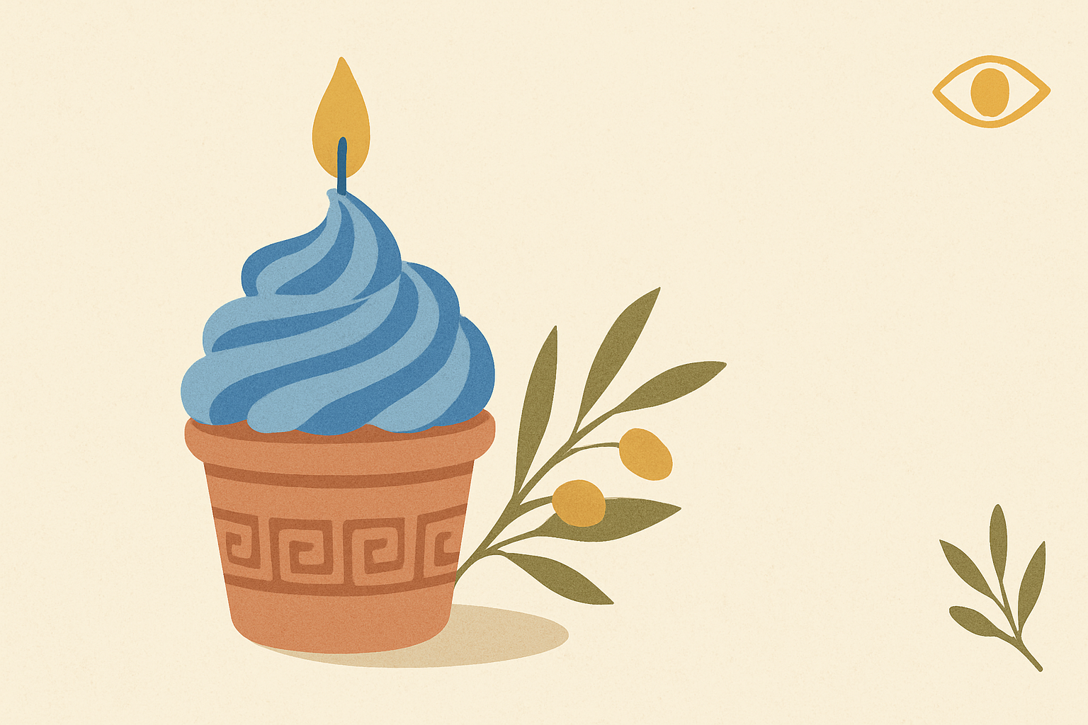 Illustrated banner: a small slice of ravani cake with a single lit candle and an olive sprig on a cream background