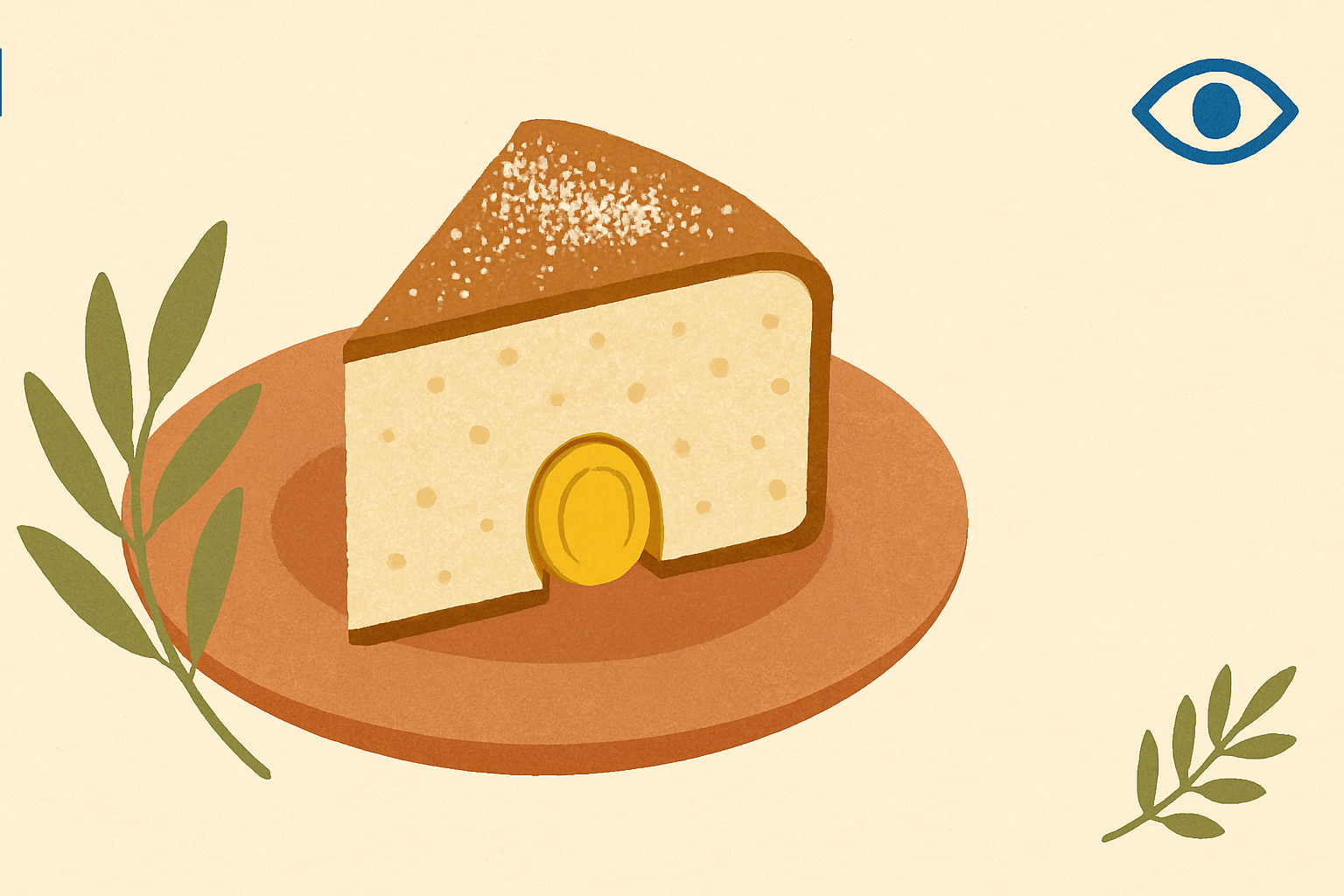 Illustrated banner: a small slice of vasilopita cake with a shiny coin peeking out and an olive sprig on a cream background