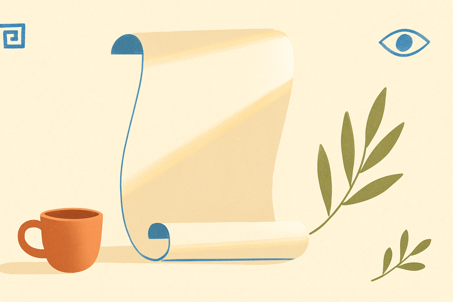 Illustrated banner: an unrolled paper scroll with a small terracotta coffee cup and an olive branch on a cream background