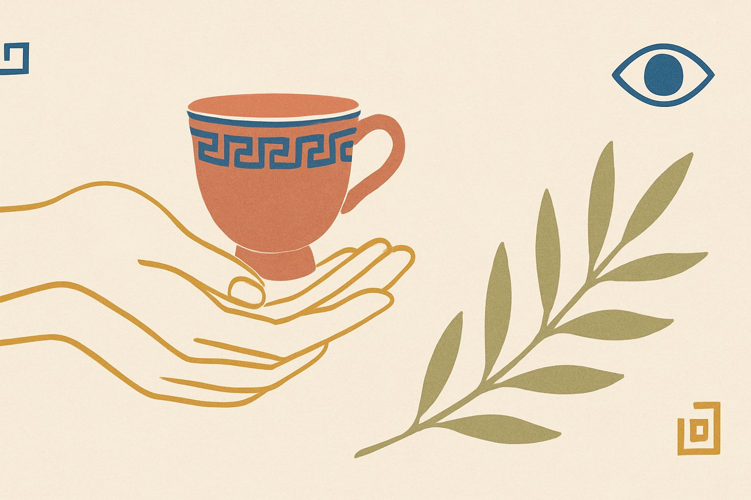 Illustrated banner: a small ceramic bowl of loose herbs and an olive sprig resting on a cream background