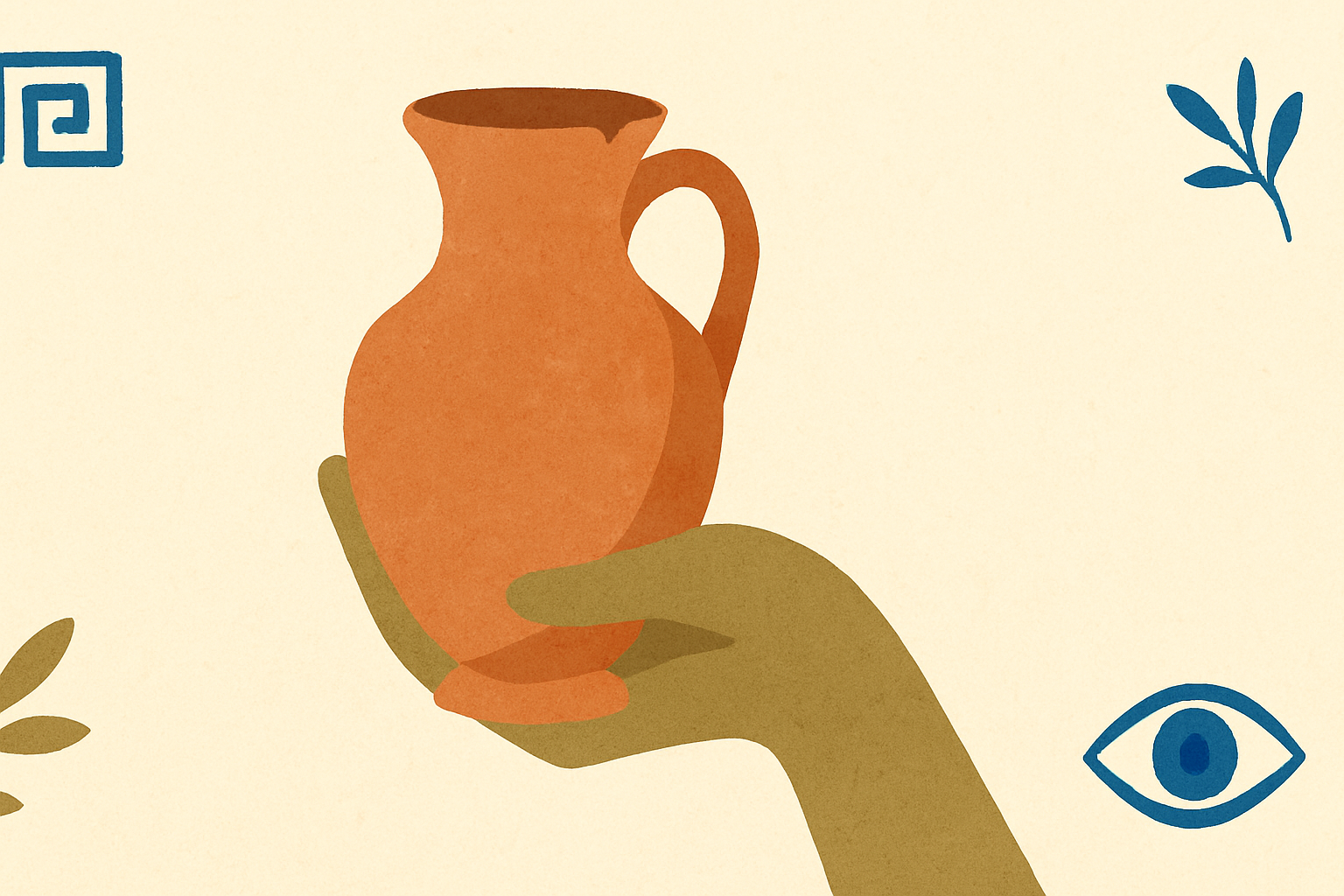 Illustrated banner: a small chipped ceramic cup being gently mended with an olive sprig on a warm cream background