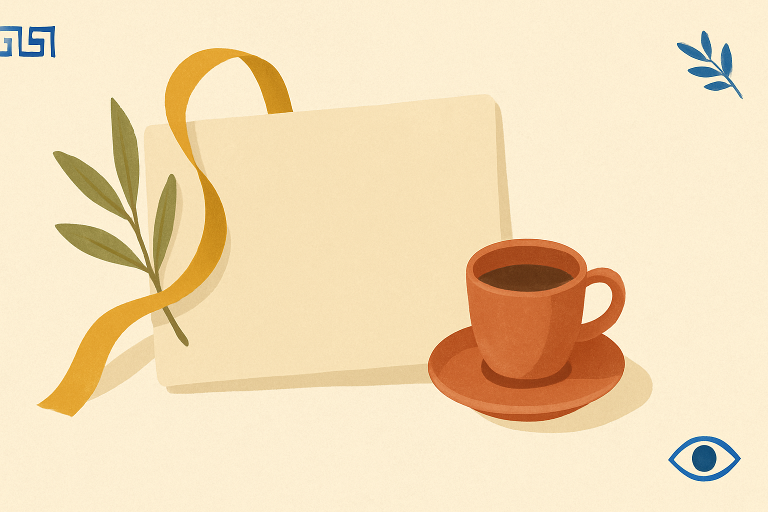 Illustrated banner: a small ceramic bowl of loukoumi sweets and an olive sprig resting on a cream background