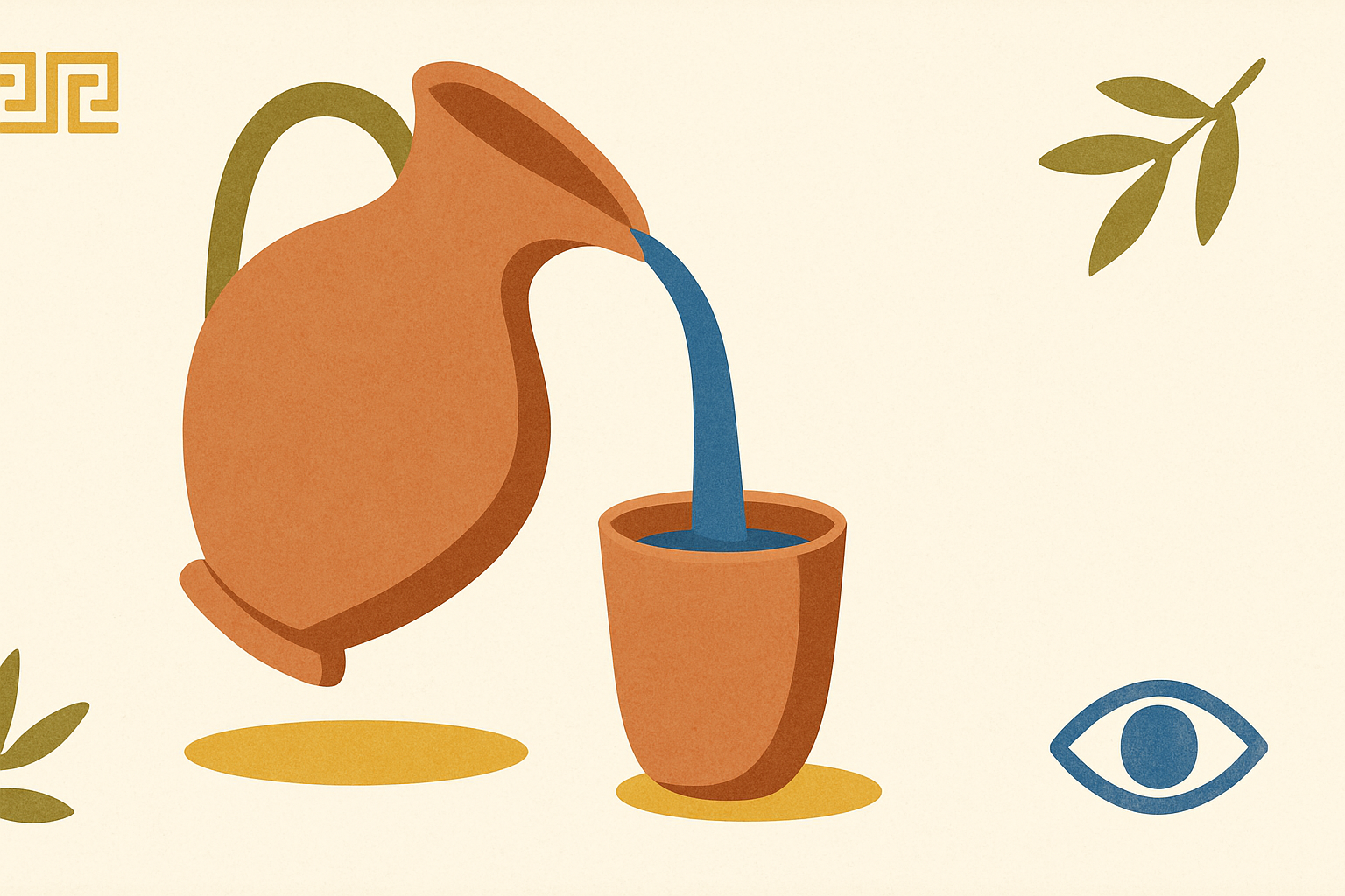 Illustrated banner: a small glass carafe of water and a lemon slice with an olive sprig on a warm cream background