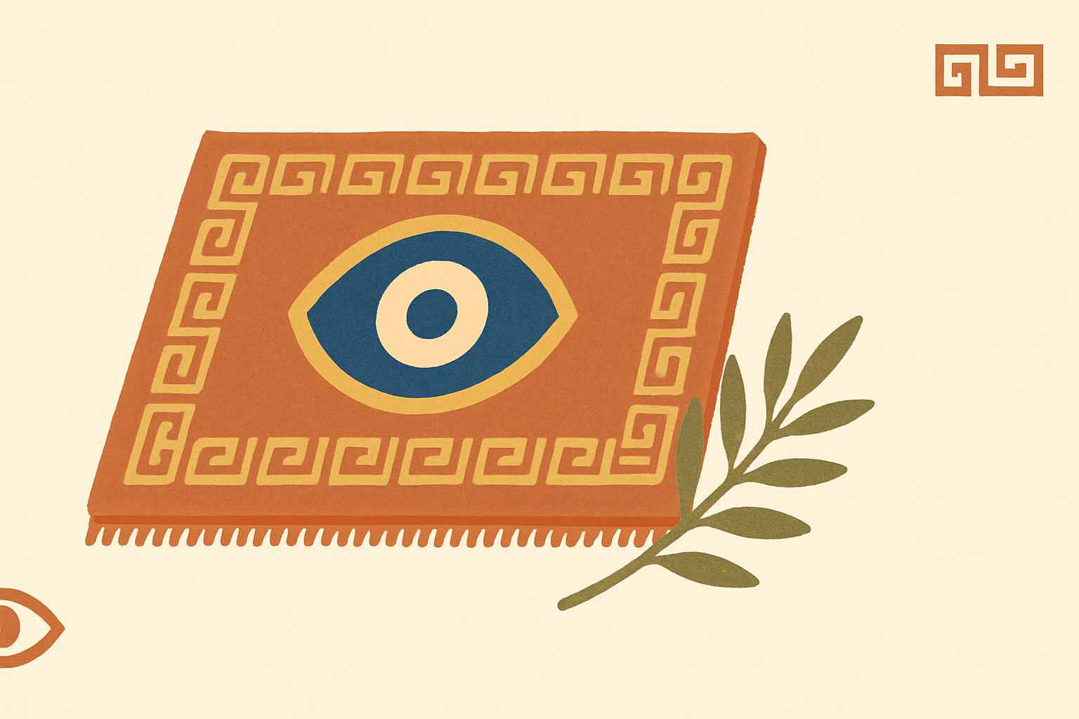 Illustrated banner: an open wooden door with a small pot of basil beside it and an olive sprig on a cream background