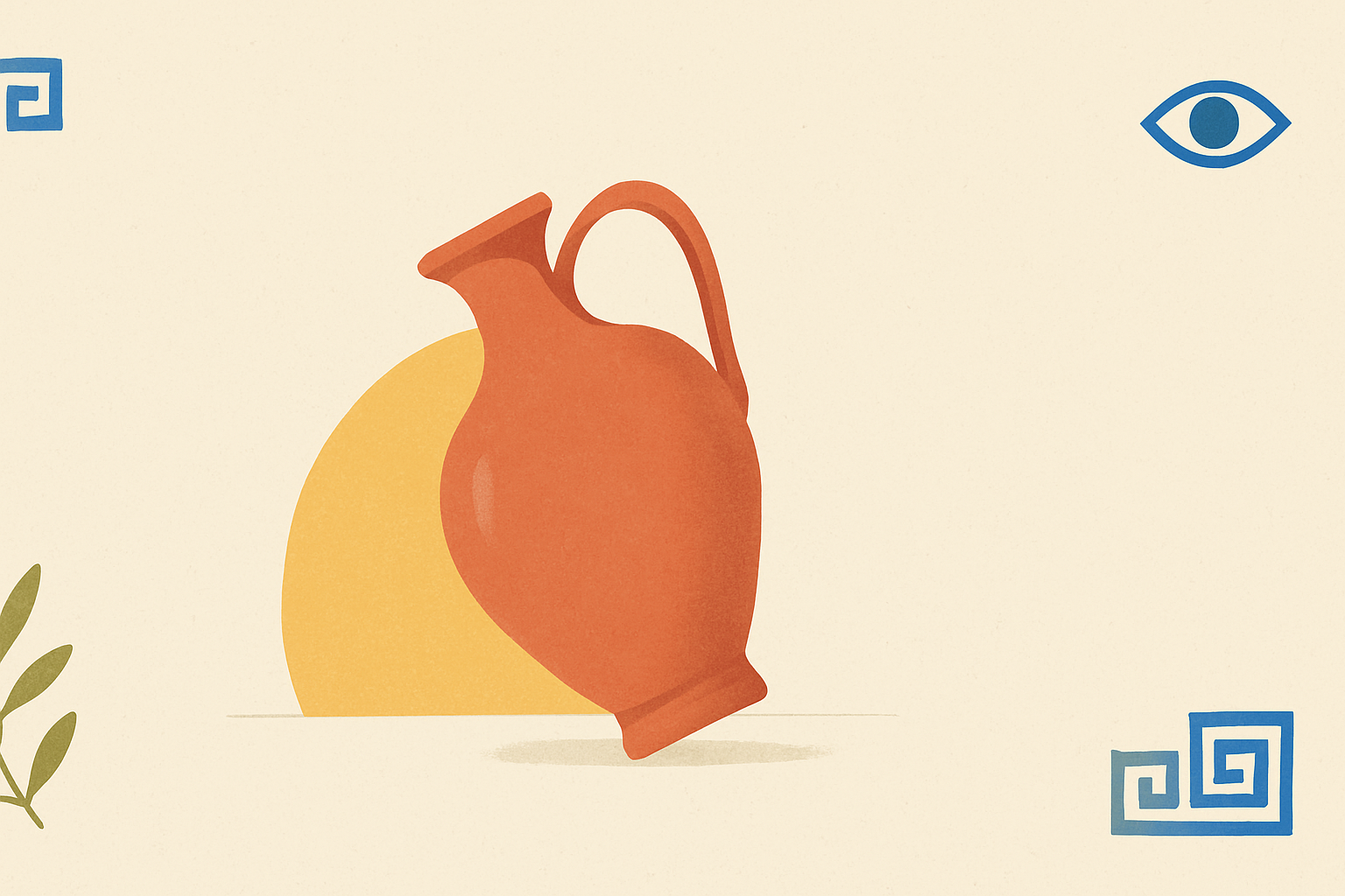 Illustrated banner: a small ceramic cup and a folded taverna napkin with an olive sprig on a warm cream background