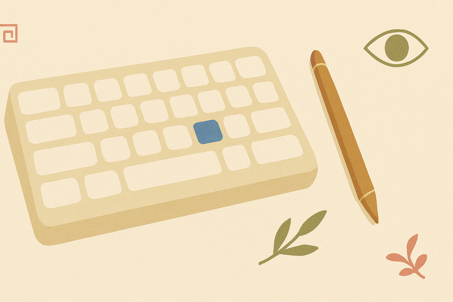 Illustrated banner: a laptop keyboard overlaid with Greek letters and a small olive sprig on a cream background