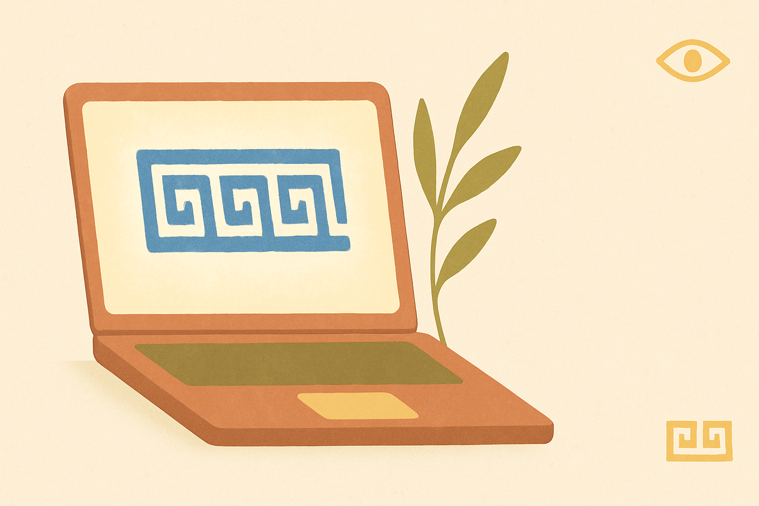 Illustrated banner: a laptop, a coffee cup, and an open notebook with Greek letters on a cream background