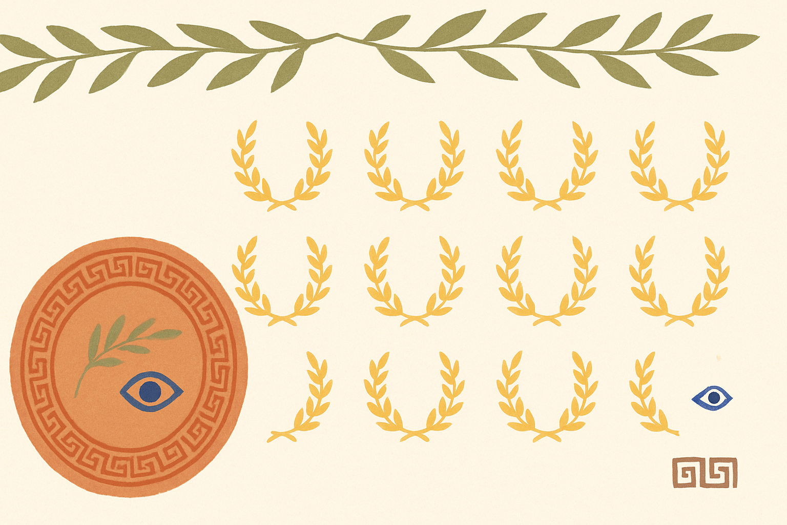 Illustrated banner: an olive branch curling around a hand-lettered scroll of Greek names on a cream background