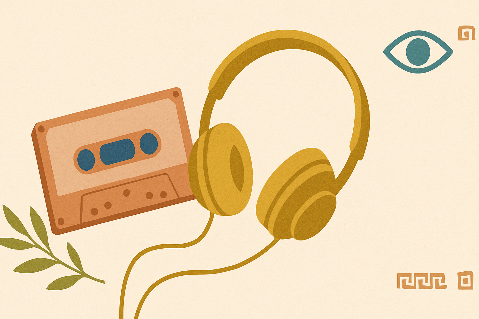Illustrated banner: a pair of headphones and a coffee cup beside an open notebook, warm cream background