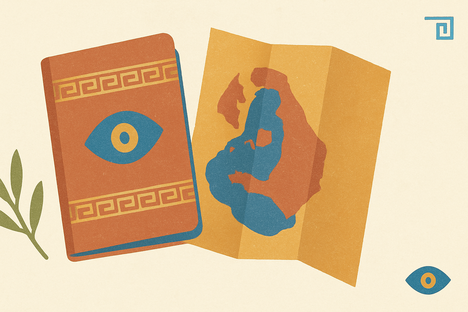 Illustrated banner: a battered leather suitcase with a small Greek flag tag and an olive sprig on a cream background