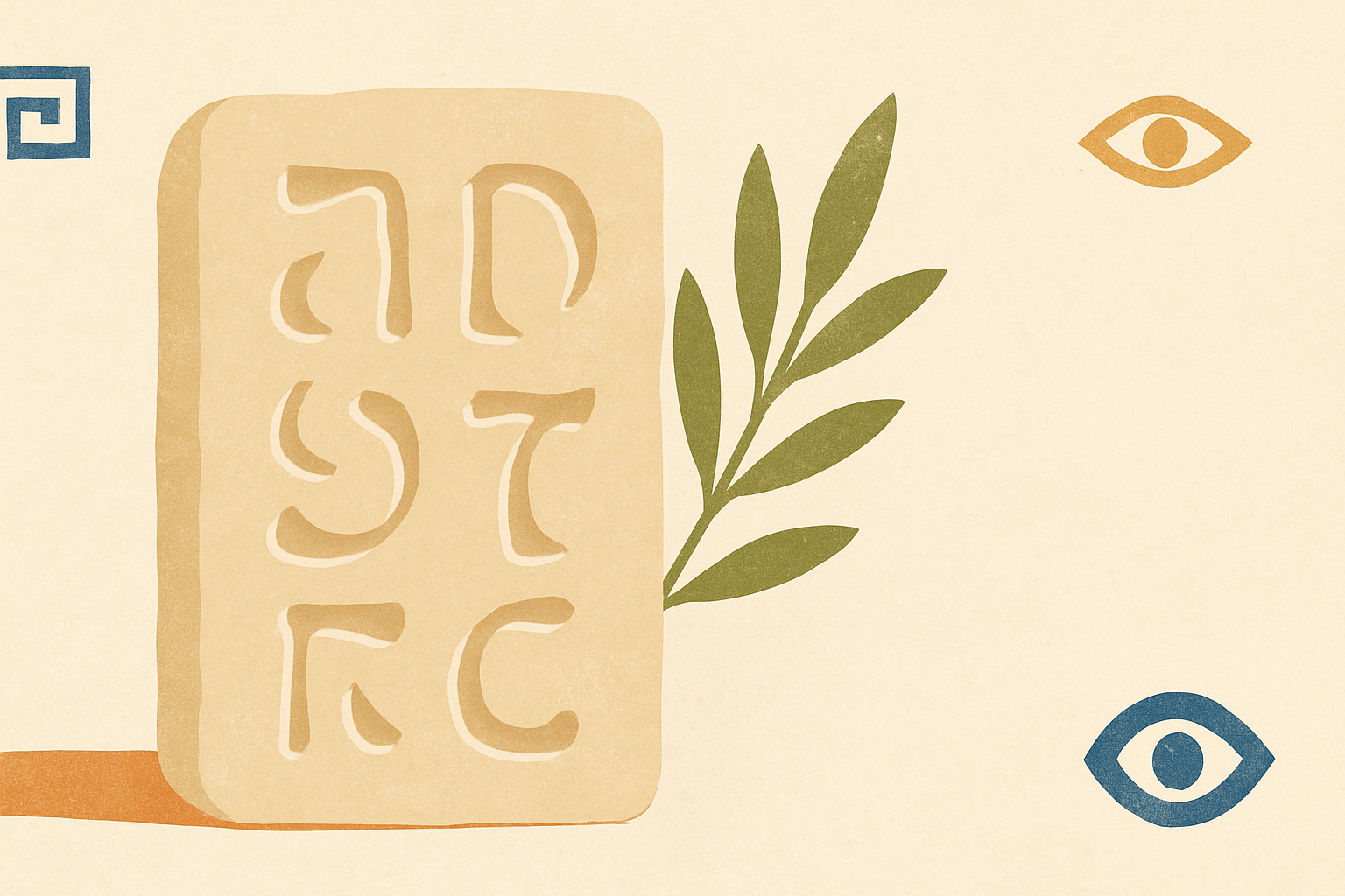 Illustrated banner: 24 hand-lettered Greek letters arranged in a warm cream grid with a single olive branch running across it